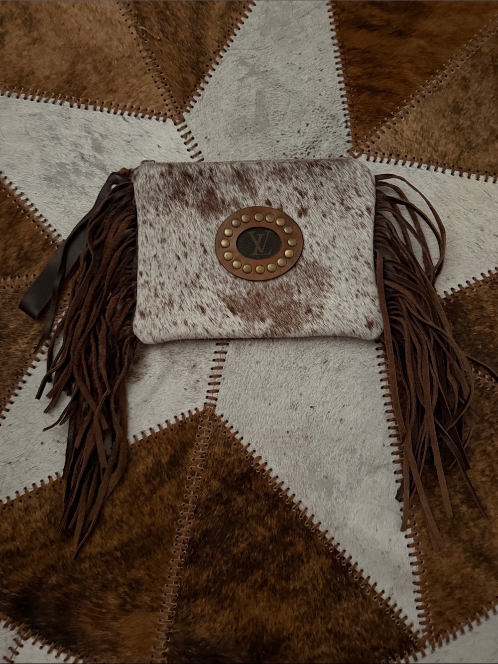 Fringed Cowhide Crossbody Bag in Brown and Cream